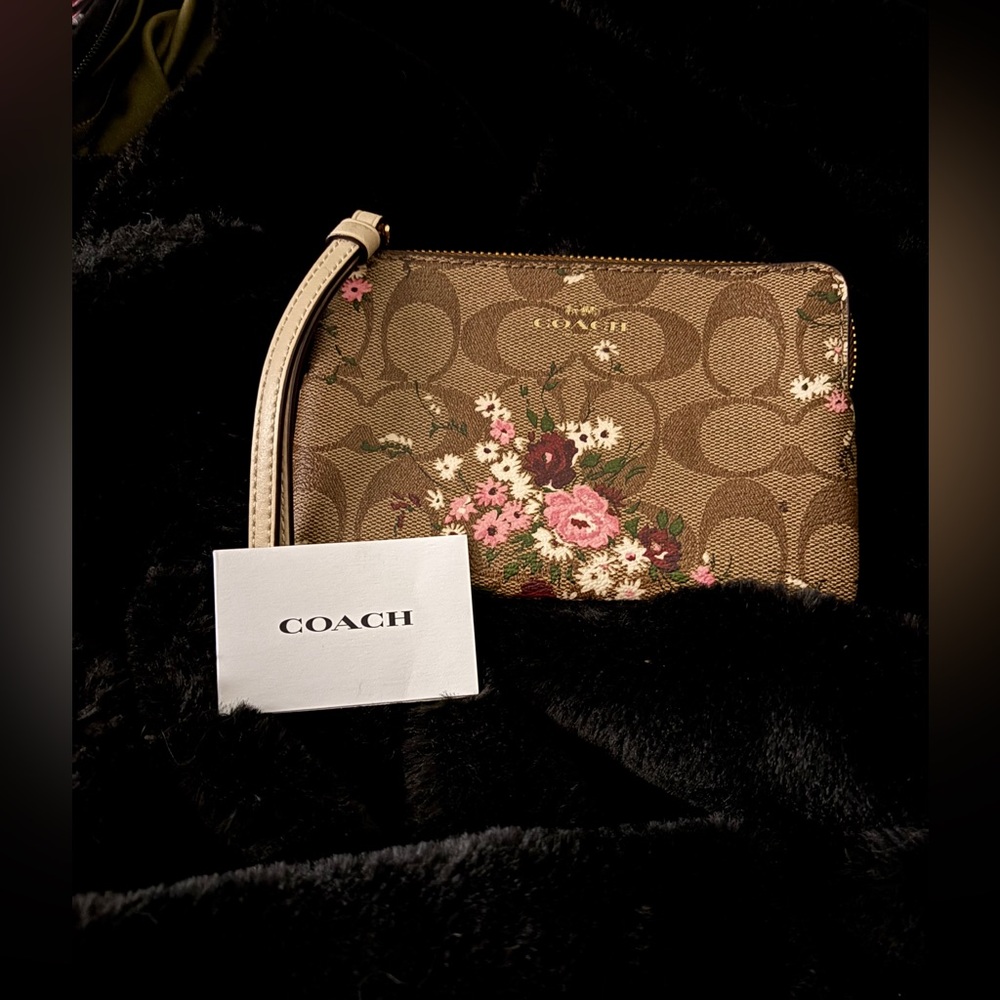 Coach Tan and Pink Floral Wristlet